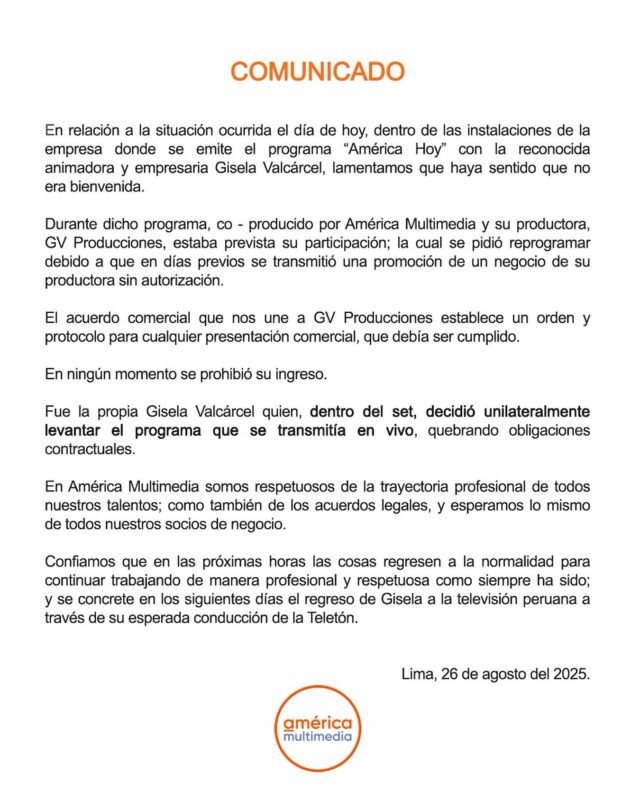 Niegan que Gisela Valcárcel haya sido prohibida de ingresar: “Transmitió una promoción sin autorización” 4 americatelevision 539800577 18523607944056656 3212506729290514377 n