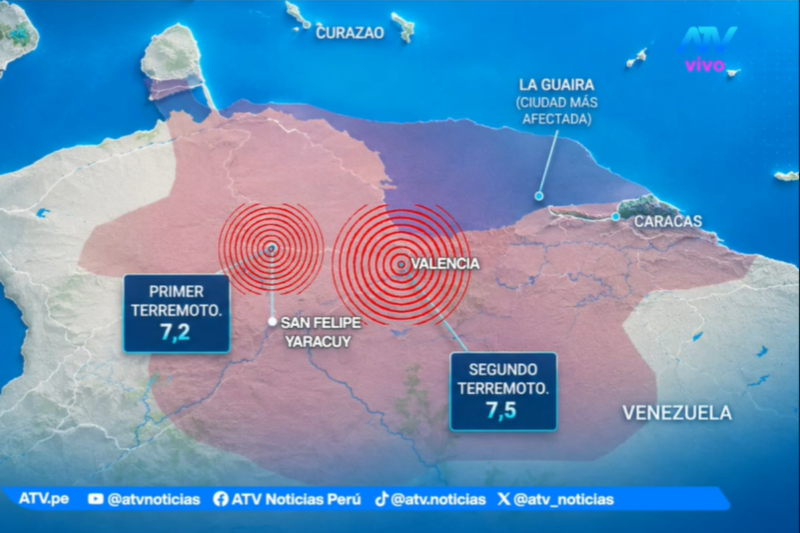 Mapa de Venezuela con la zona del doblete sísmico