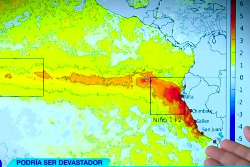 Mapa de riesgo del Fenómeno El Niño con regiones afectadas en la costa norte y centro del Perú