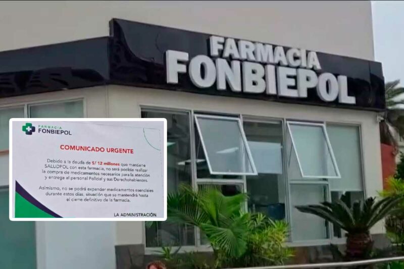 Farmacia Fonbiepol de la Policía Nacional con comunicado de cierre por deuda millonaria