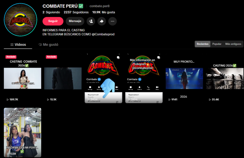 Cuenta de TikTok que se hace pasar por producción de 'Combate'. Cuenta de TikTok que se hace pasar por producción de 'Combate'.