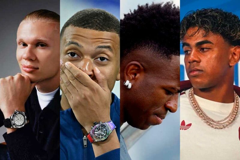 Collar de diamantes y reloj de lujo de un futbolista mundialista sobre una mesa.