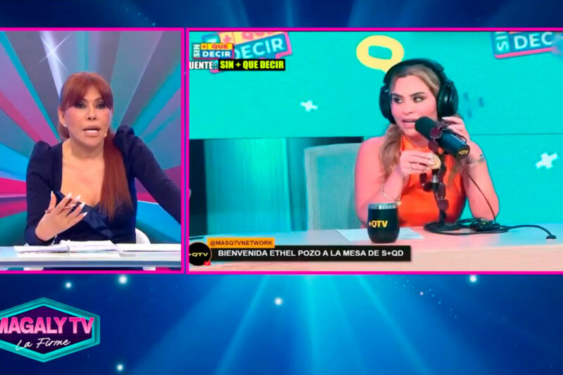 Ethel Pozo sonríe en el set del podcast Sin Más Que Decir junto a María Pía Copello.