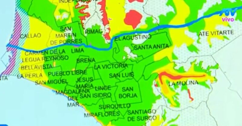 Mapa de microzonificación sísmica de Lima mostrando distritos con suelos arenosos y rocosos