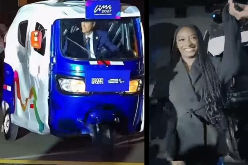 Simone Biles llegó en mototaxi a ceremonia de cuenta regresiva para Lima 2027